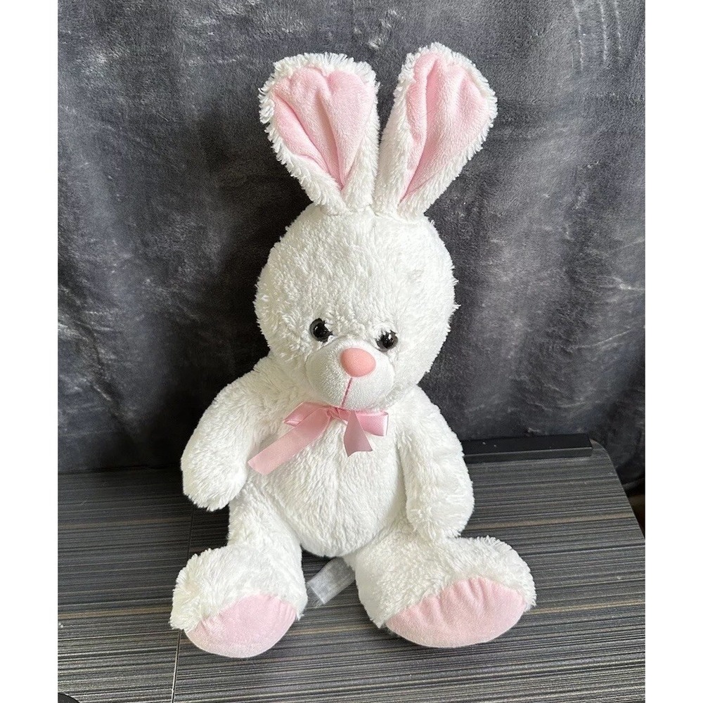 Megatoys White Bunny Rabbit Pink Ears Stuffed‎ Animal Plush 16" PINK Bow Easter